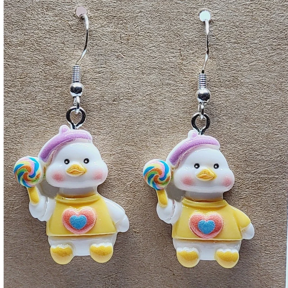 Handmade Duck with Lollipop Resin Drop‎ Earrings Yellow Heart Sweater Novelty